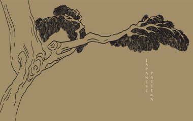 Siyah ve beyaz bonsai ağacı veya çam ağacı elementleri. Geleneksel Asya ikon vektörü ile Japon arka planı. Klasik tarzda kahverengi arka planlı doğal sanat. Bonsai ağaç elementi.