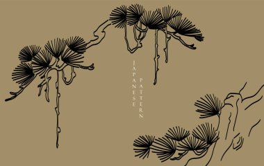 Siyah ve beyaz bonsai ağacı veya çam ağacı elementleri. Geleneksel Asya ikon vektörü ile Japon arka planı. Eskici tarzda kahverengi arka planlı doğal sanat.