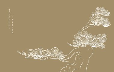 Altın ve beyaz bonsai ağacı veya çam ağacı elementleri. Geleneksel Asya ikon vektörü ile Japon arka planı. Eskici tarzda kahverengi arka planlı doğal sanat.