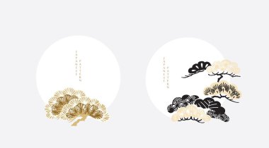 Siyah ve beyaz bonsai ağacı veya çam ağacı elementleri. Geleneksel Asya ikon vektörü ile Japon arka planı. Eskici tarzda kahverengi arka planlı doğal sanat