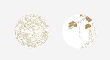 Japon arka planında çizgi okyanus ve bonsai ağacı desenli vektör var. Geometrik dalga desenli soyut şablon. Doğu tarzında dağ yerleşimi tasarımı