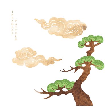 Geleneksel Asya ikon vektörü ile Japon arka planı. Bonsai ağacı ve Çin elementlerini bulutlandırır. Vintage biçiminde geometrik desen.