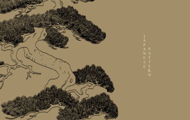 Siyah ve altın bonsai ağacı veya çam ağacı elementleri. Geleneksel Asya ikon vektörü ile Japon arka planı. Eskici tarzda kahverengi arka planlı doğal sanat.