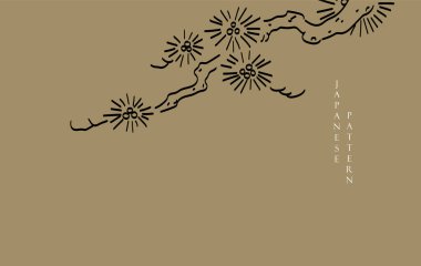 Geleneksel Asya ikon vektörü ile Japon arka planı. Siyah ve beyaz bonsai ağacı veya çam ağacı elementleri. Eskici tarzda kahverengi arka planlı doğal sanat.