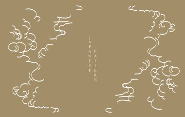 Japon şablon vektörlü el çizimi bulut kümesi. Orijinal dekorasyon, logo tasarımı, el ilanı veya klasik tarzda sunum. Fuji dağı, bambu, geometrik şekilli bonsai ağacı elementi.