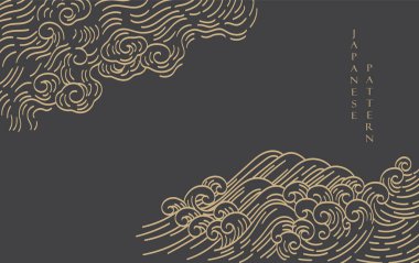 Japon şablon vektörlü el çizimi bulut kümesi. Orijinal dekorasyon, logo tasarımı, el ilanı veya klasik tarzda sunum. Fuji dağı, bambu, geometrik şekilli bonsai ağacı elementi.