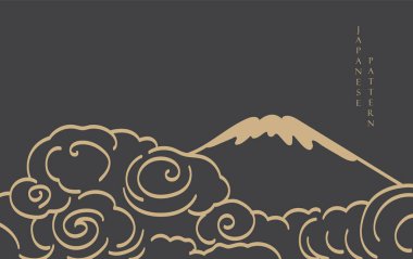 Siyah ve altın dağ ve Çin bulut elementleri. Geleneksel Asya ikon vektörü ile Japon arka planı. Eskici tarzda kahverengi arka planlı doğal sanat.