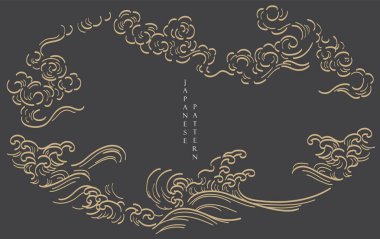Japonlar klasik tarzda siyah ve altın çerçeveli bulut desenleri çizerler. Soyut sanat manzarası afiş tasarım vektörü.