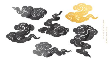 Japon çene desenli siyah ve altın fırça dokusu klasik tarzda bulut deseni. Suluboya doku vektörlü soyut sanat afiş tasarımı.