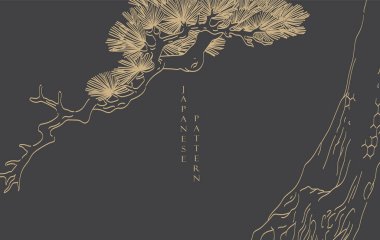 El çizimi bonsai ağacı desenli Japon arka planı. Soyut şablon. Doğu tarzında doğal yerleşim tasarımı