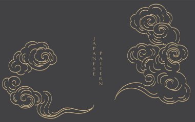 Japon şablon vektörlü el çizimi bulut kümesi. Orijinal dekorasyon, logo tasarımı, el ilanı veya klasik tarzda sunum. Fuji dağı, bambu, geometrik şekilli bonsai ağacı elementi.