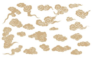 Japon şablon vektörlü el çizimi bulut kümesi. Orijinal dekorasyon, logo tasarımı, el ilanı veya klasik tarzda sunum. Fuji dağı, bambu, geometrik elementli bonsai ağacı.