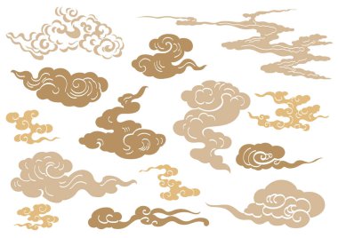 Japon şablon vektörlü el çizimi bulut kümesi. Orijinal dekorasyon, logo tasarımı, el ilanı veya klasik tarzda sunum. Fuji dağı, bambu, geometrik elementli bonsai ağacı.