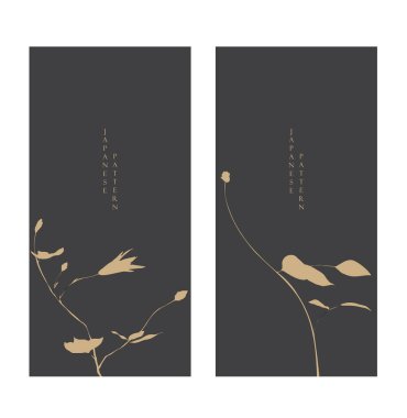 Altın ve beyaz bonsai ağacı veya çam ağacı elementleri. Geleneksel Asya ikon vektörü ile Japon arka planı. Eskici tarzda kahverengi arka planlı doğal sanat.