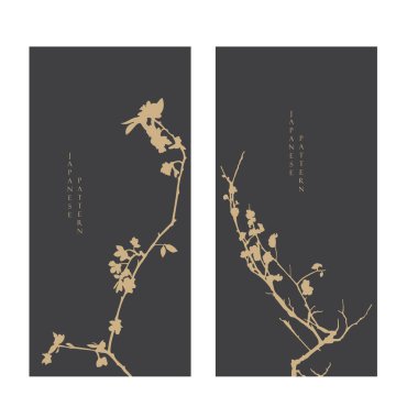 Altın ve beyaz bonsai ağacı veya çiçek elementlerinin dalı. Geleneksel Asya ikon vektörü ile Japon arka planı. Klasik tarzda siyah arkaplanı olan doğal sanat.