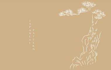 Japonca şablon vektörlü bonsai ağacının bir dizi el çizimi. Oriental çam ağacı dekorasyonu logo tasarımı, el ilanı veya klasik tarzda sunumu ile.