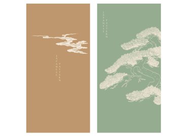 Japonların arka planında bonsai ağacı desenli vektör var. Geometrik desenli soyut şablon. Doğu tarzında Çin bulut düzeni tasarımı