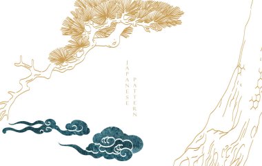 Japon arka planında Çin bulutu ve bonsai ağacı desenli vektör var. Geometrik dalga desenli soyut şablon. Doğu tarzında bulut düzeni tasarımı