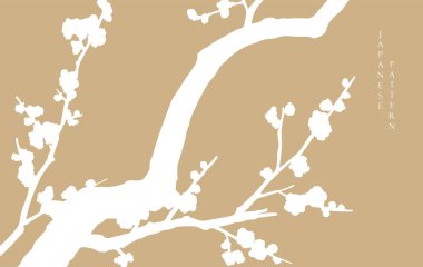 Altın ve beyazı çiçekli çiçek dalları. Geleneksel Asya ikon vektörü ile Japon arka planı. Eskici tarzda kahverengi arka planlı doğal sanat.