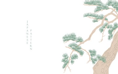 Japonca şablon vektörlü bonsai ağacının bir dizi el çizimi. Oriental çam ağacı dekorasyonu logo tasarımı, el ilanı veya klasik tarzda sunumu ile