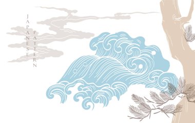 Japon arka planı, dalga ve Çin bulutu ve element vektörü. El çizimi doğal okyanus desenli pankart tasarımı risograf tarzında. Denizci şablonu.