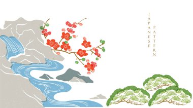 Japon arka planı ve çizgi dalga modeli vektörü. Kiraz çiçeği ve doğal elementin bir dalı. Geometrik desenli soyut şablon. Doğu tarzında el çizimi tasarımı