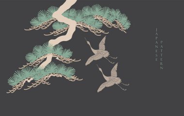 Bonsai ağacı ve yengeç kuşu elementleri. Klasik tarzda geometrik desen. Geleneksel Asya simge vektörü ile Japonca arkaplan.