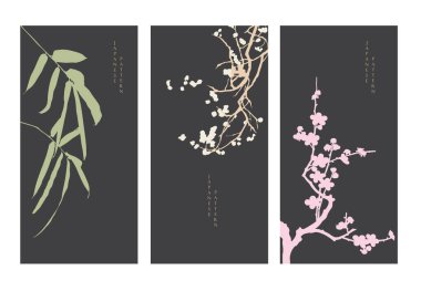 Geleneksel Asya ikon vektörü ile Japon arka planı. Kiraz çiçeği ve bambu yaprağı desenleri. Vintage biçiminde geometrik desen