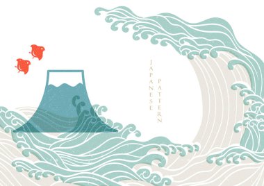 El çizimi dalga şablonu vektörüyle Japon arka planı. Geometrik eğri desenli soyut şablon. Dağ, kuşlar ve okyanus elementleri klasik tarzda.