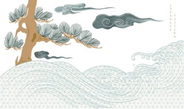 Japon arka planı Bonsai ağacı, dalga ve bulut element şablonu vektörü. Kart tasarımı ile soyut desen. Klasik tarzdaki geleneksel doğa düzeni tasarımı