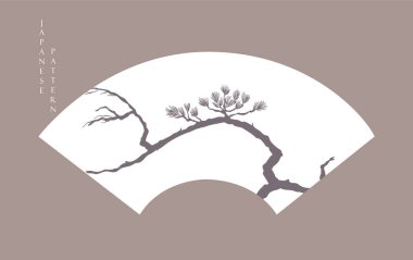 Geometrik şekilli çizgi bonsai ağacı desenli Japon arka planı. Doğu tarzında çam ağacı yerleşimi tasarımı