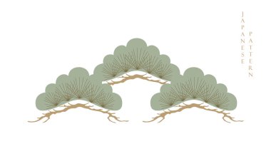 Japon arka planında okyanus denizi ve bonsai ağacı desenli vektör var. Geometrik dalga desenli soyut şablon. Doğu tarzında bulut düzeni tasarımı