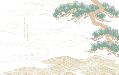 Japon arka planında okyanus denizi ve bonsai ağacı desenli vektör var. Geometrik dalga desenli soyut şablon. Doğu tarzında bulut düzeni tasarımı