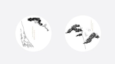 Japon arka planında Bonsai ağaç element şablonu var. Kart tasarımı ile soyut desen. Klasik tarzdaki geleneksel doğa düzeni tasarımı