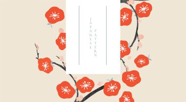 Japon arka planında kırmızı çiçek dalı ve suluboya doku vektörü var. Geometrik desenli soyut şablon. Doğu tarzında çiçek desenli tasarım