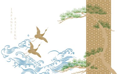 Turna kuşu elementli Bonsai ağacı. Klasik tarzda geometrik desen. Geleneksel Asya simge vektörü ile Japonca arkaplan.