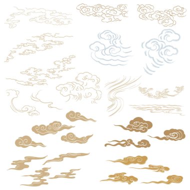 Japon şablon vektörlü el çizimi bulut kümesi. Orijinal dekorasyon, logo tasarımı, el ilanı veya klasik tarzda sunum. Fuji dağı, bambu, geometrik şekilli bonsai ağacı elementi.