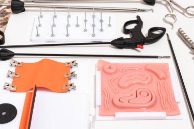 Tıp öğrencilerinin lateks ve cerrahi metal parçalarıyla ameliyat yapmaları için araçlar.