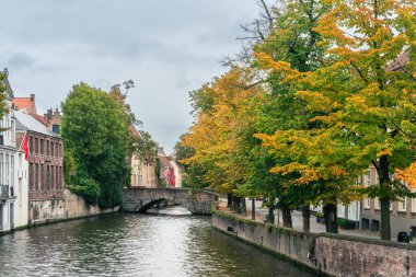 Bruges, Belçika 'da, suda yansıyan portakal yapraklı eski bir taş köprü ve sonbahar ağaçlarının yer aldığı, tarihi şehrin cazibesini yansıtan pitoresk bir kanal..