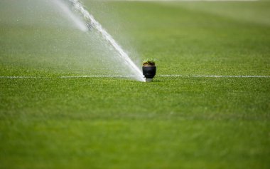 Çimenli su çimleri futbol sahasını suluyorum. Yüksek kalite fotoğraf