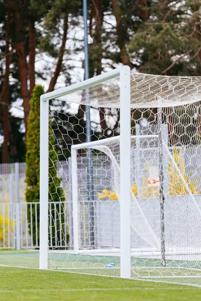 Küçük yeşil bir futbol sahası ve beyaz bir kapı. Yüksek kalite fotoğraf