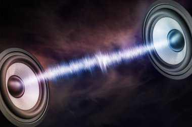 iki ses hoparlörü ve koyu arkaplanda ses dalgası