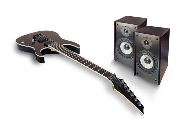 Czarny Gitara Elektryczna Dwa Głośniki Audio Białym — Zdjęcie stockowe
