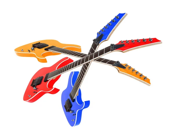 Trois Guitares Électriques Colorées Isolées Sur Blanc — Photo