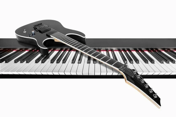 Schwarze Gitarre Und Klavier Auf Weißem Hintergrund Stockbild