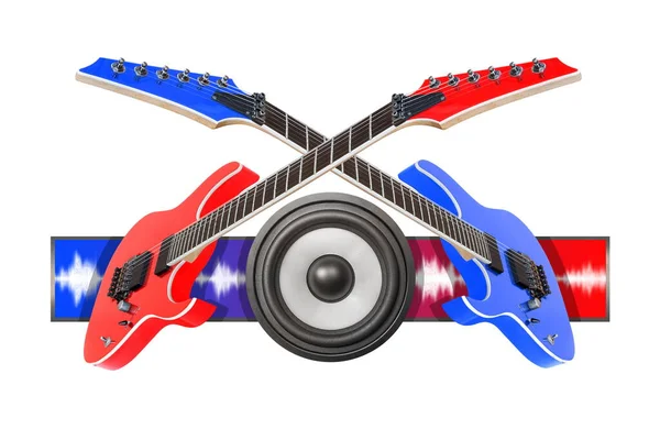 Червоні Сині Електрогітари Звуковий Динамік Ізольовані Білому Ліцензійні Стокові Зображення