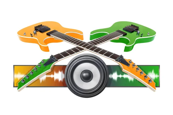 黄色和绿色电吉他和音频扬声器隔离在白色上 图库图片