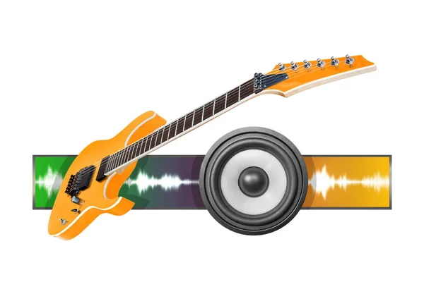 흰색으로 노란색 기타와 오디오 스피커 스톡 이미지
