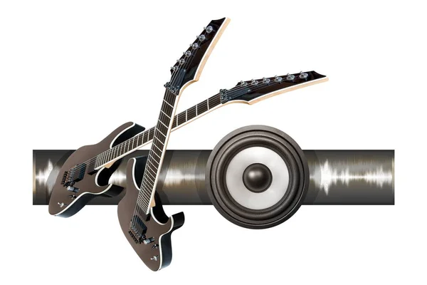 Чорні Електричні Гітари Звуковий Динамік Ізольовані Білому — стокове фото