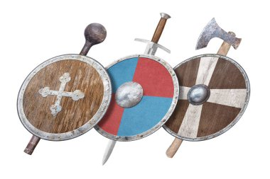 Beyaz kalkanlara ve şövalye silahlarına izole edilmiş.